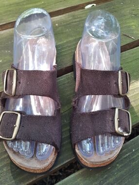 Bass Pharaoh Brown Suede Leather Big Buckle Strap Slide Sandals V965 size 6.5